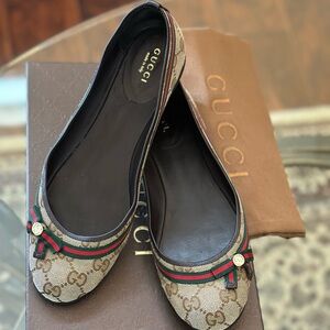 Gucci Beige/Brown GG Canvas And Leather Mayfair Web Bow Ballet Flats Size 37.5